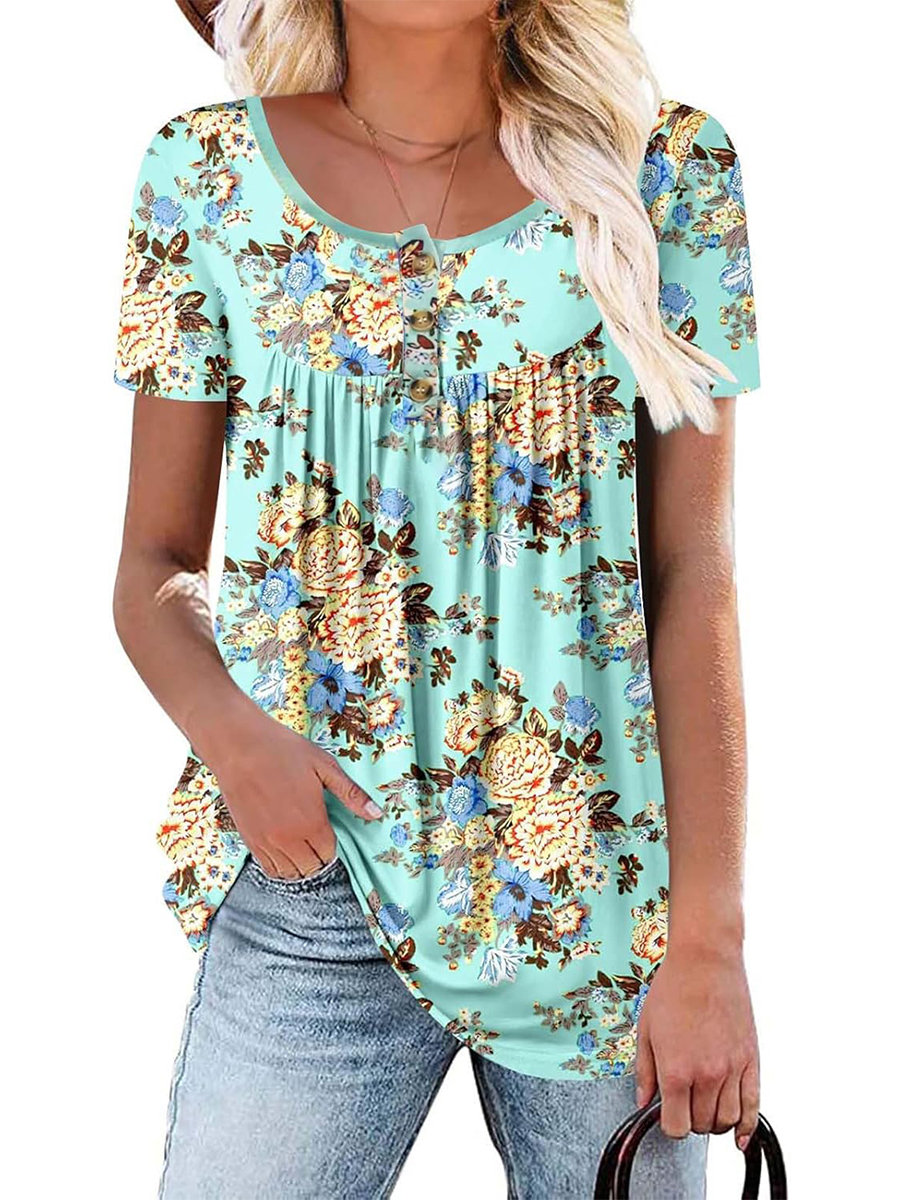 Women's Printed Botton Down Pleated Short Sleeve Shirts Tunic Tops