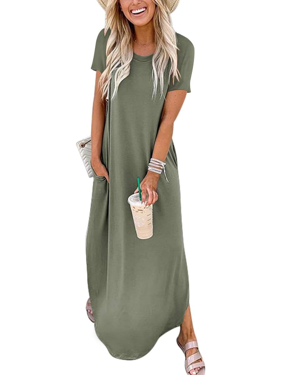 Women's Casual Loose Short Sleeve Pocket Split Maxi Dress