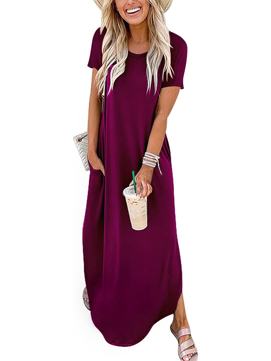 Women's Casual Loose Short Sleeve Pocket Split Maxi Dress