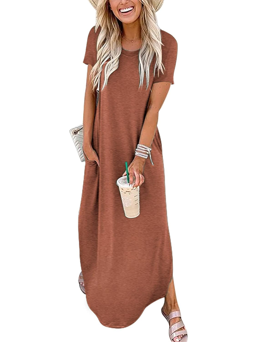 Women's Casual Loose Short Sleeve Pocket Split Maxi Dress