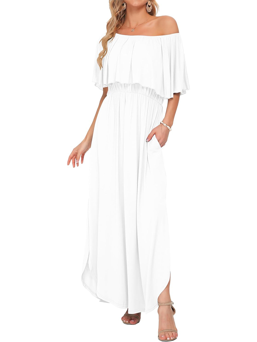 Women's Summer Casual Off Shoulder Ruffle Side Split Maxi Dresses with Pockets