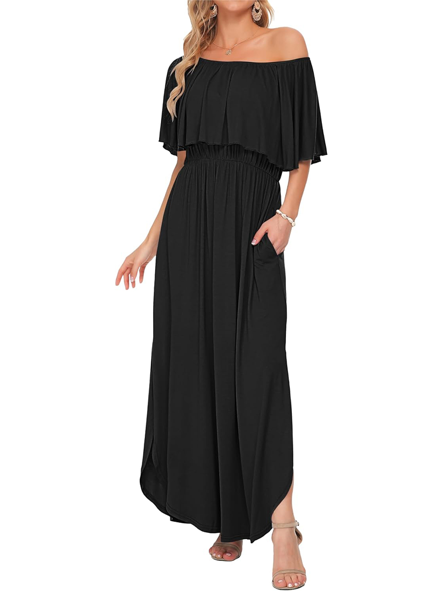 Women's Summer Casual Off Shoulder Ruffle Side Split Maxi Dresses with Pockets
