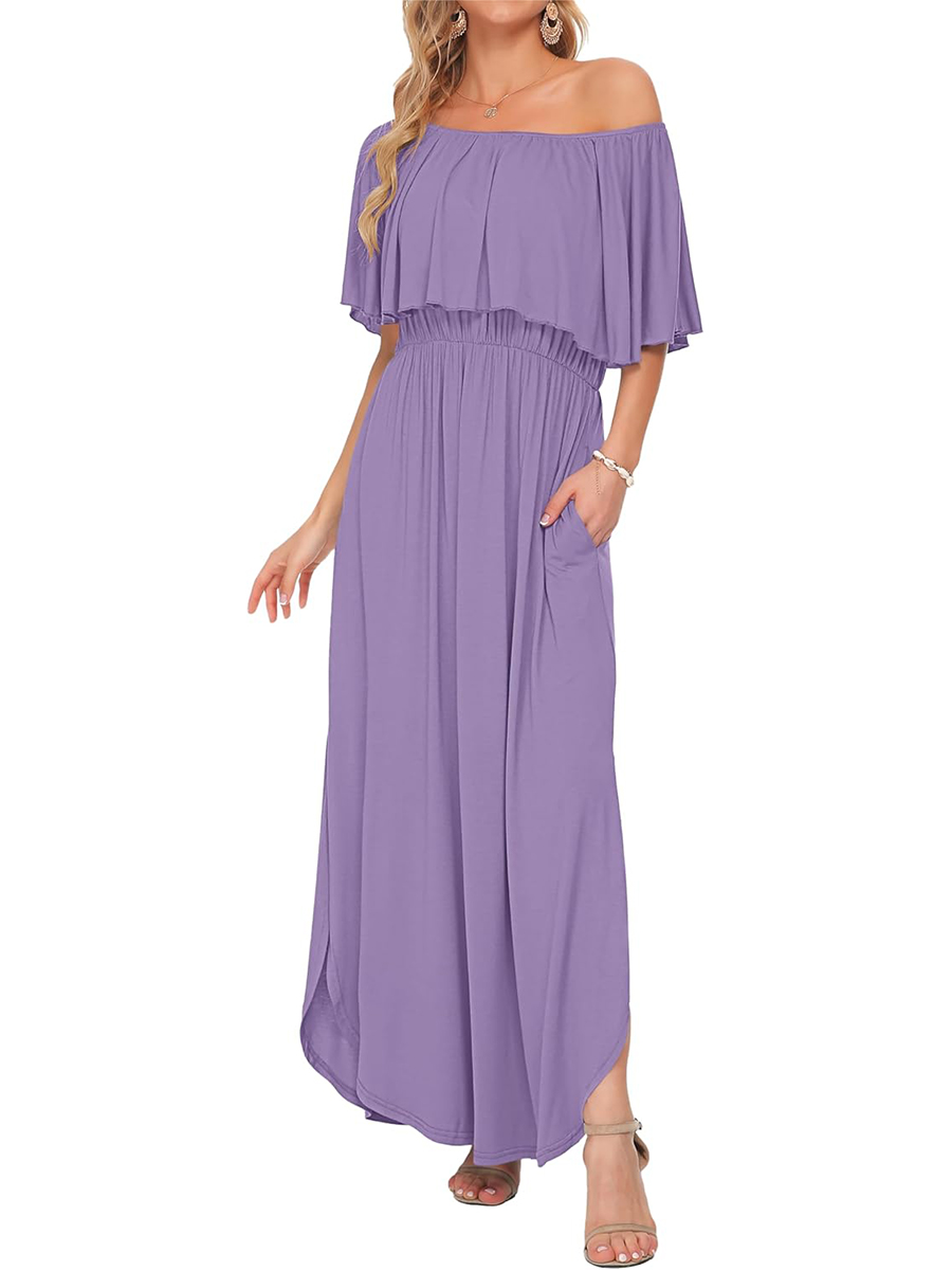Women's Summer Casual Off Shoulder Ruffle Side Split Maxi Dresses with Pockets