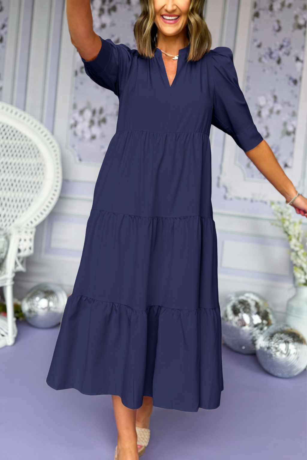 HOT SALE Women's Summer V-Neck Three Quarter Puff Sleeve Tiered Midi Dress