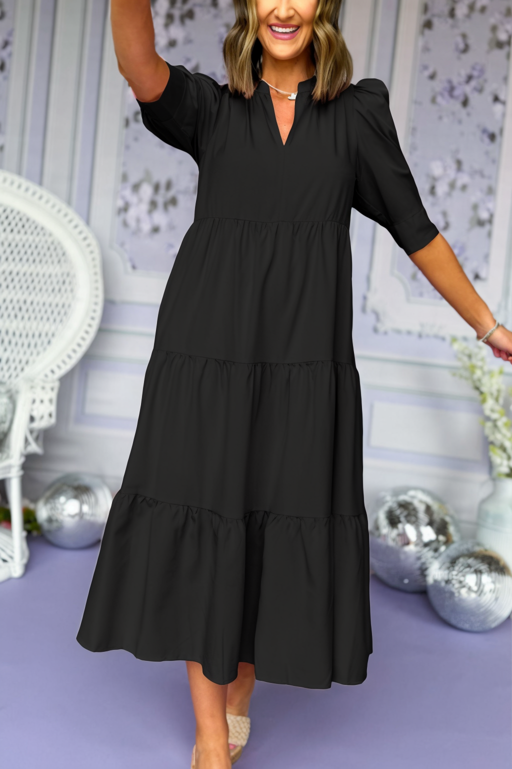 HOT SALE Women's Summer V-Neck Three Quarter Puff Sleeve Tiered Midi Dress