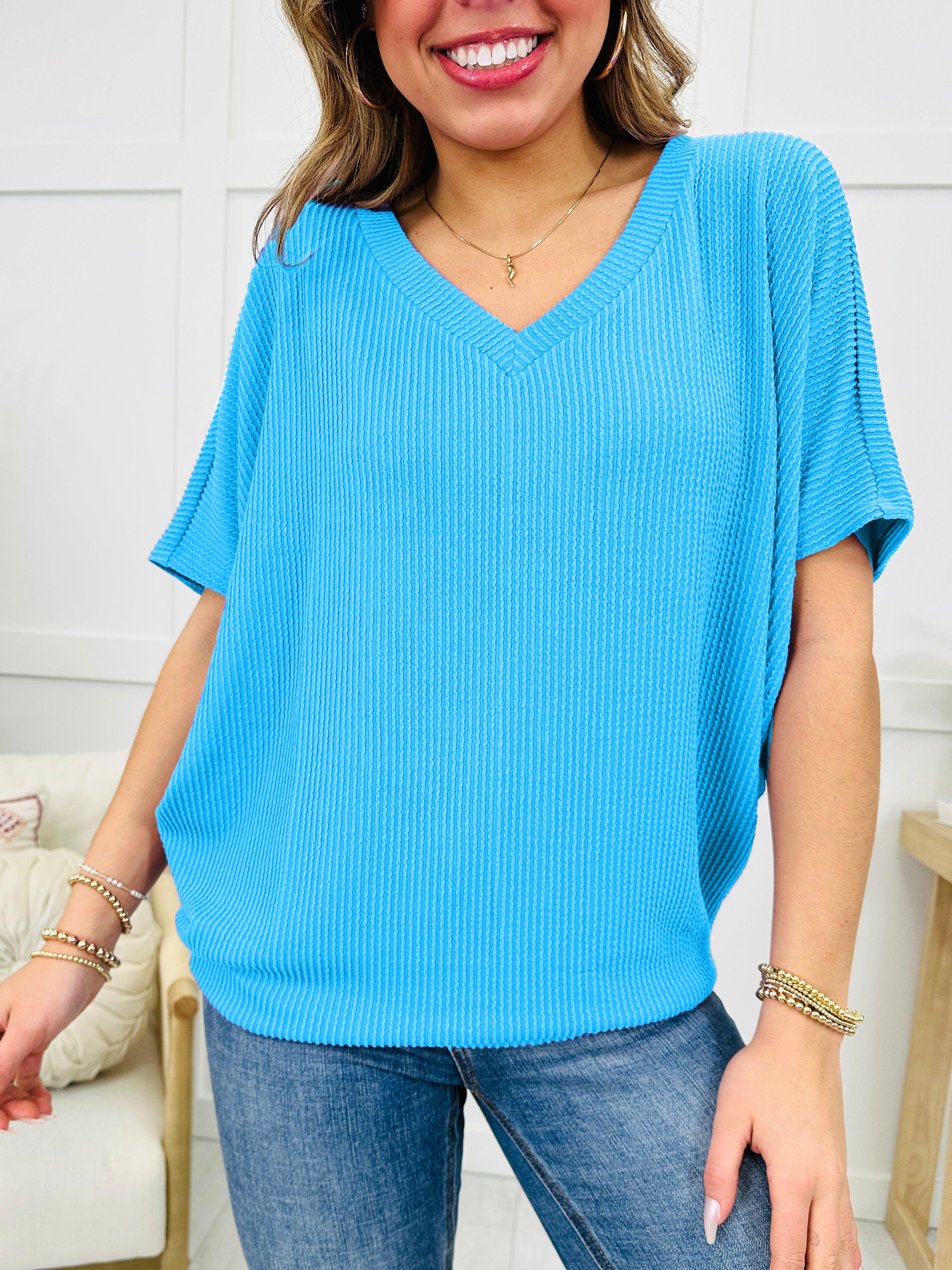 Women's Oversized Ribbed V Neck Batwing Short Sleeve Top