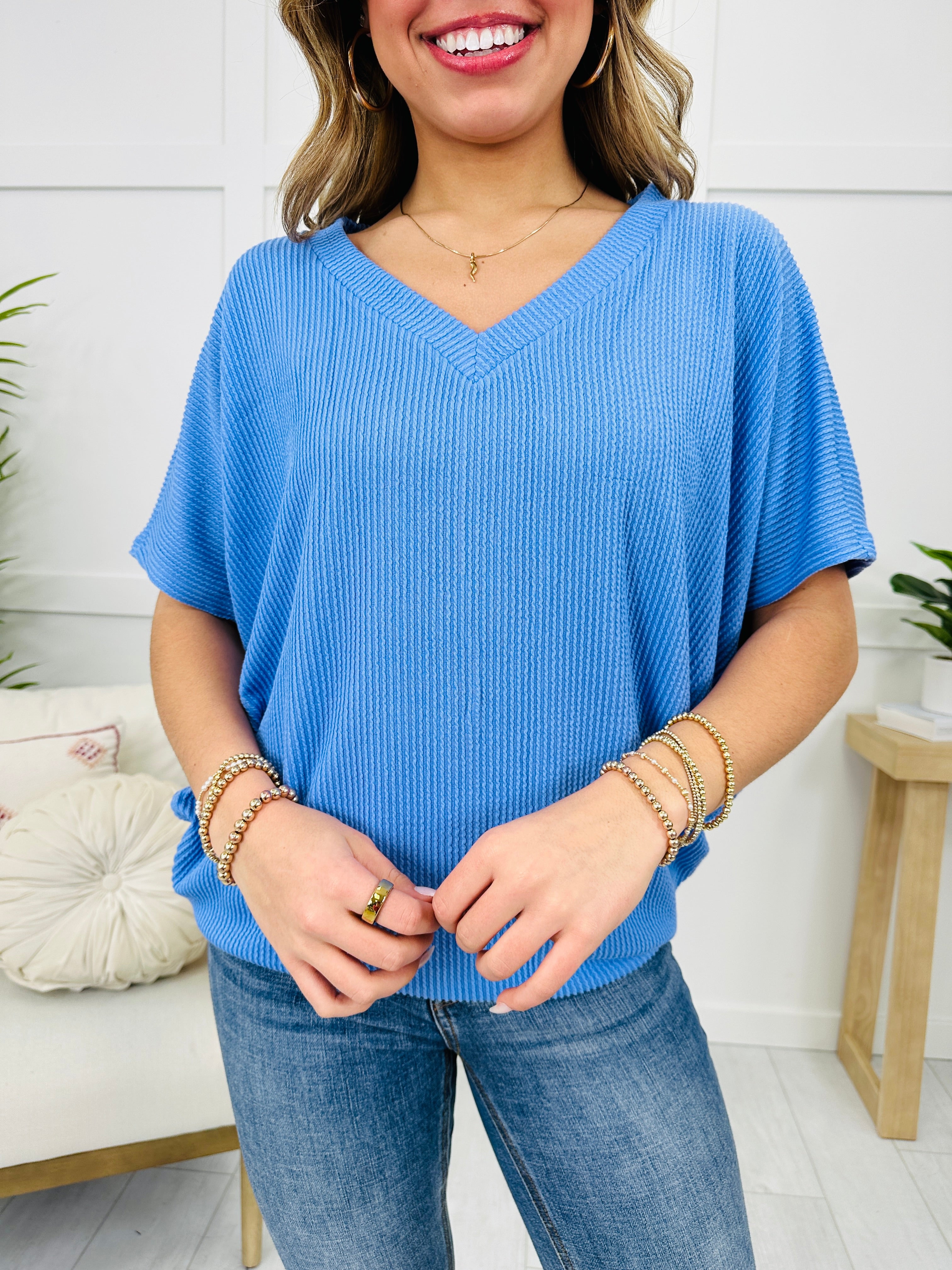 Women's Oversized Ribbed V Neck Batwing Short Sleeve Top