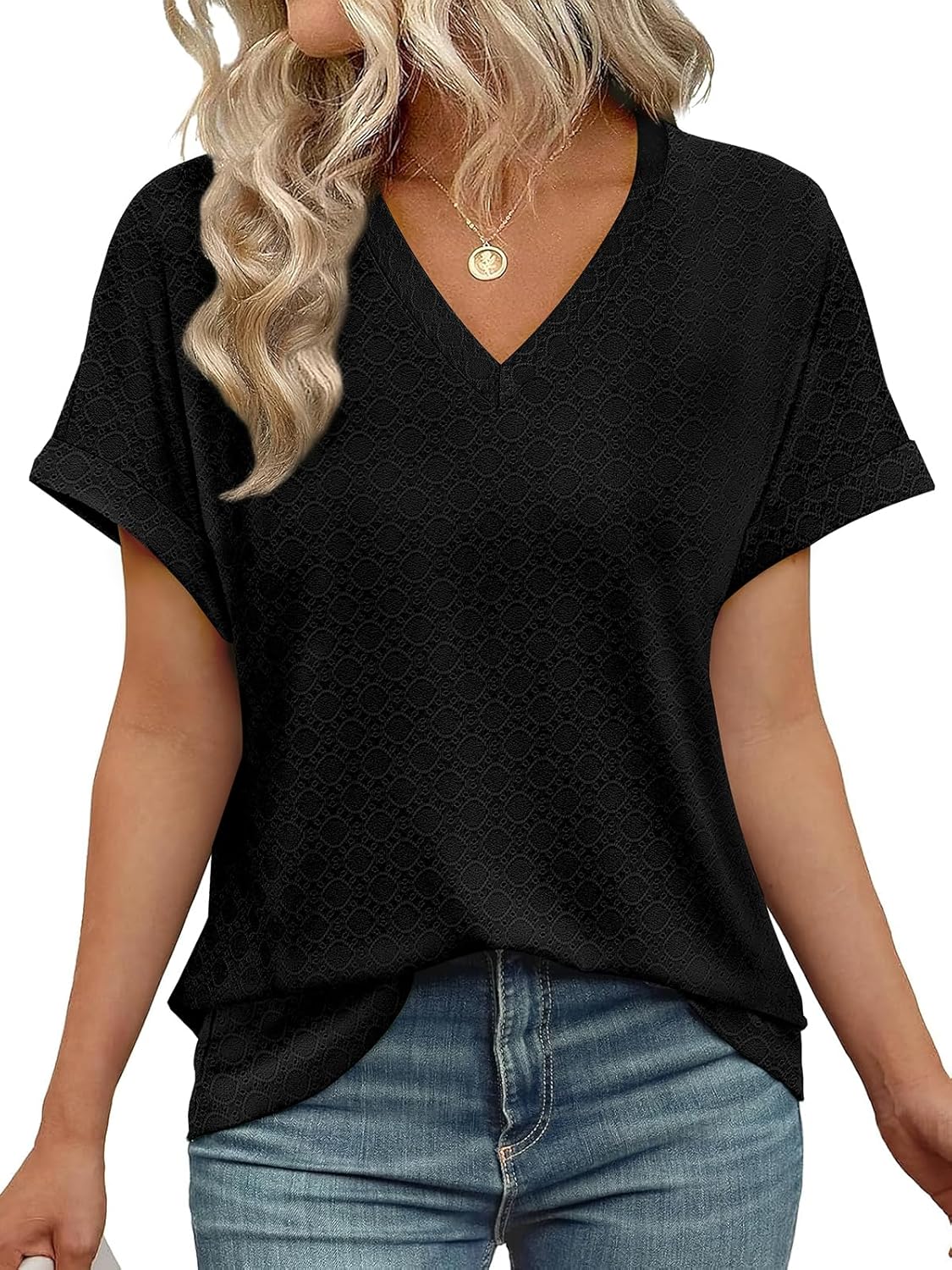 Women's V Neck Eyelet Dressy Casual Basic Short Sleeve Tees