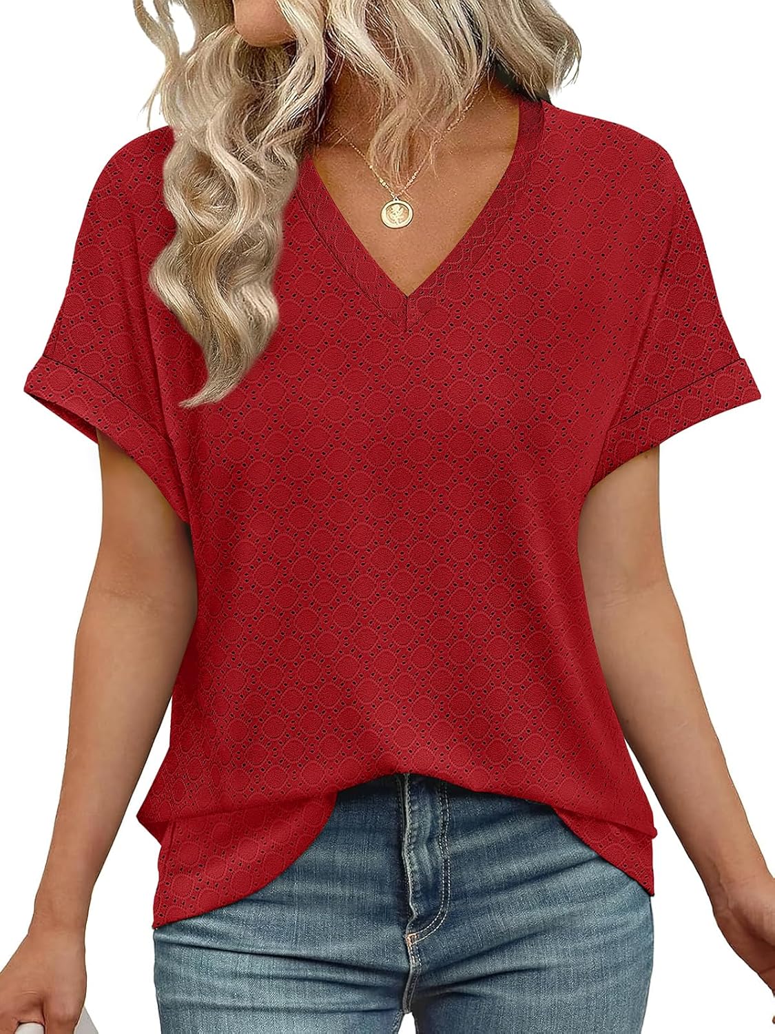 Women's V Neck Eyelet Dressy Casual Basic Short Sleeve Tees