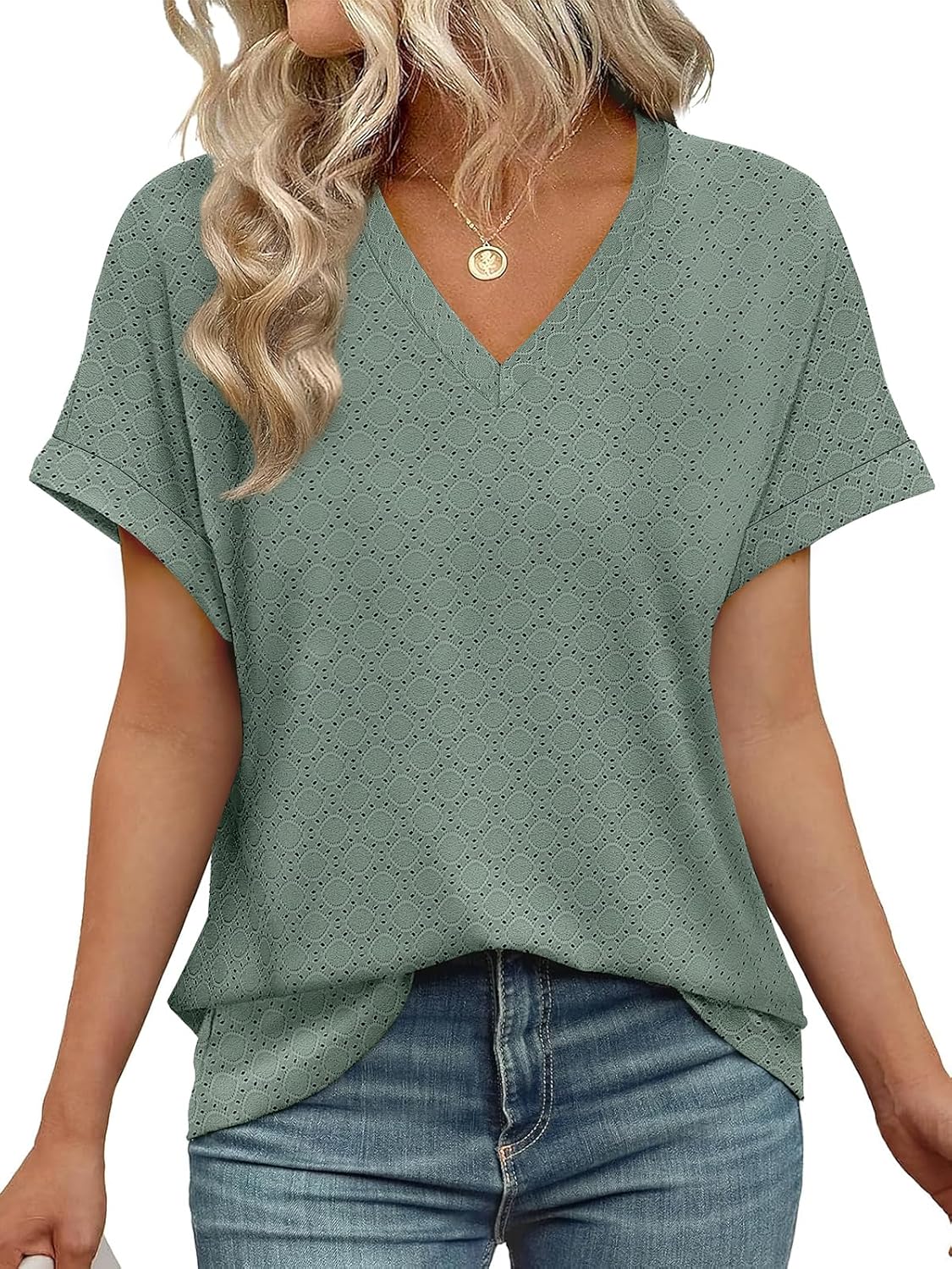Women's V Neck Eyelet Dressy Casual Basic Short Sleeve Tees