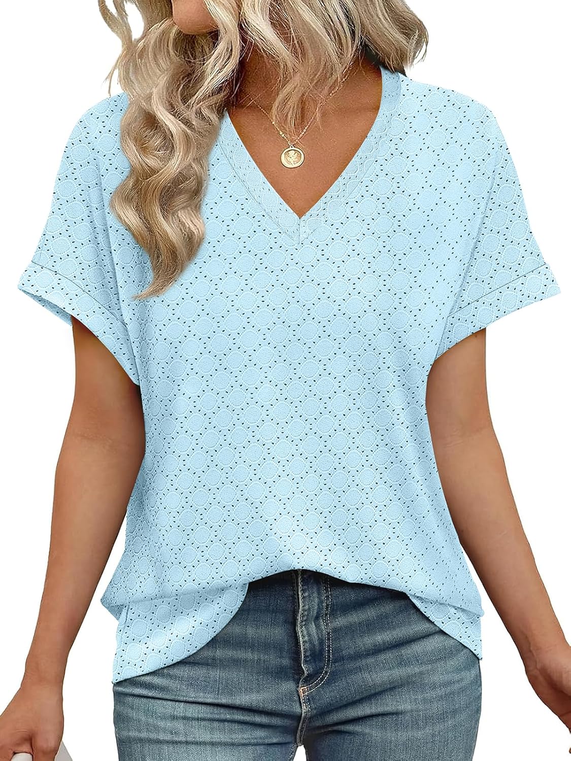 Women's V Neck Eyelet Dressy Casual Basic Short Sleeve Tees