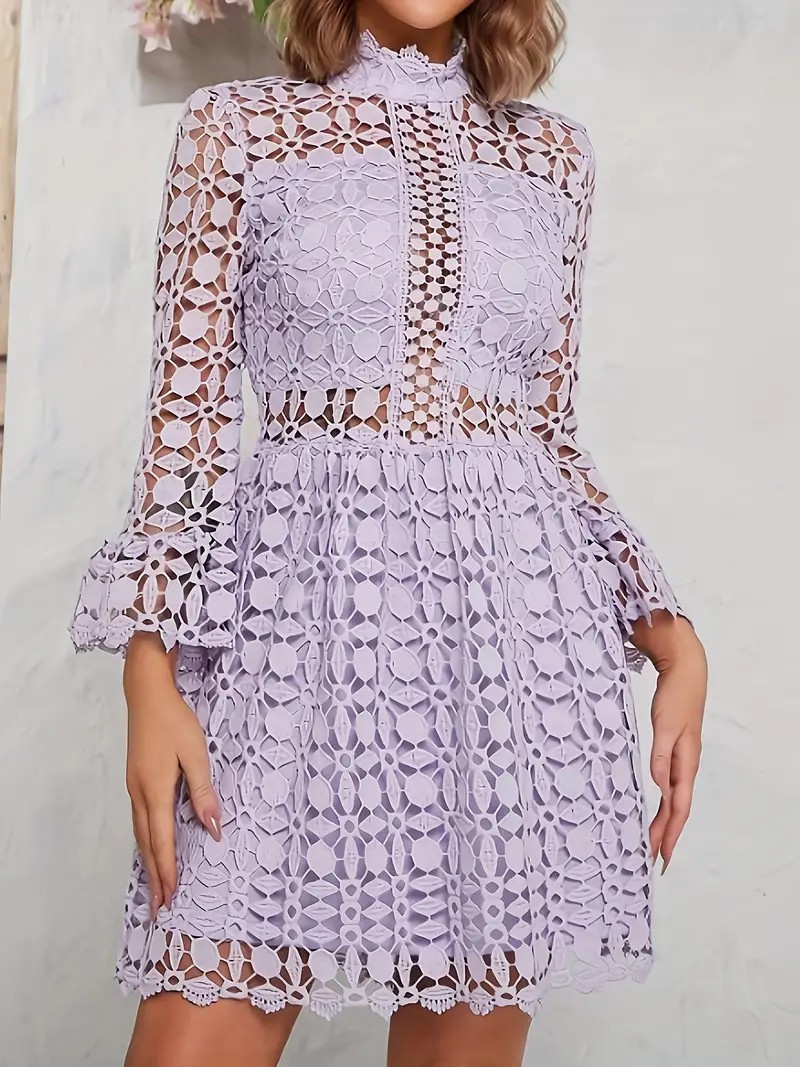 Women's Stand Collar Lace Hollow-Out Floral Pattern Dress