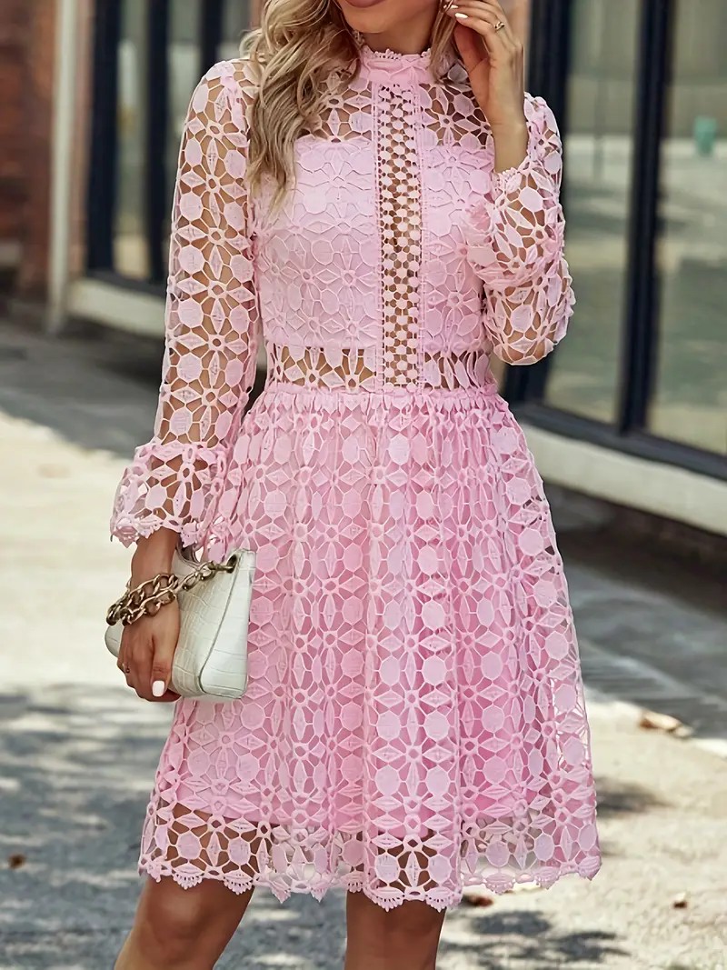 Women's Stand Collar Lace Hollow-Out Floral Pattern Dress