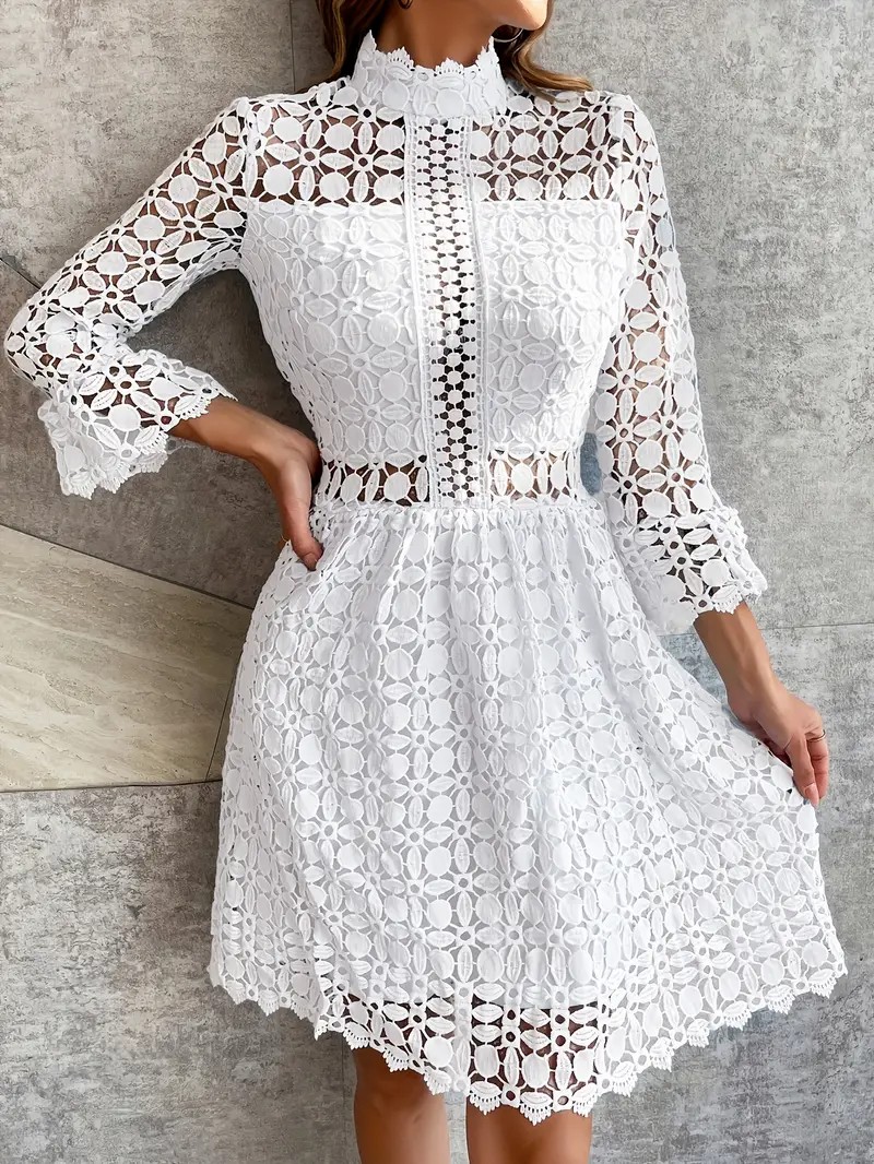Women's Stand Collar Lace Hollow-Out Floral Pattern Dress