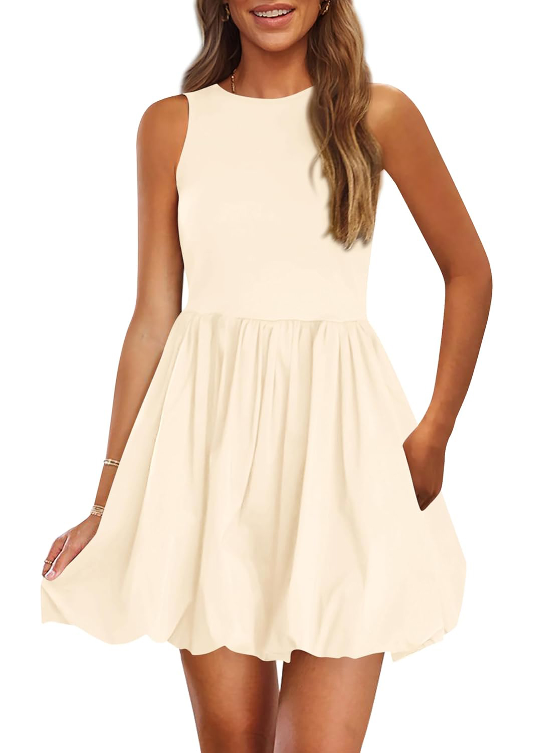Women's Casual Crew Neck Sleeveless Tank Bubble Dress with Pockets