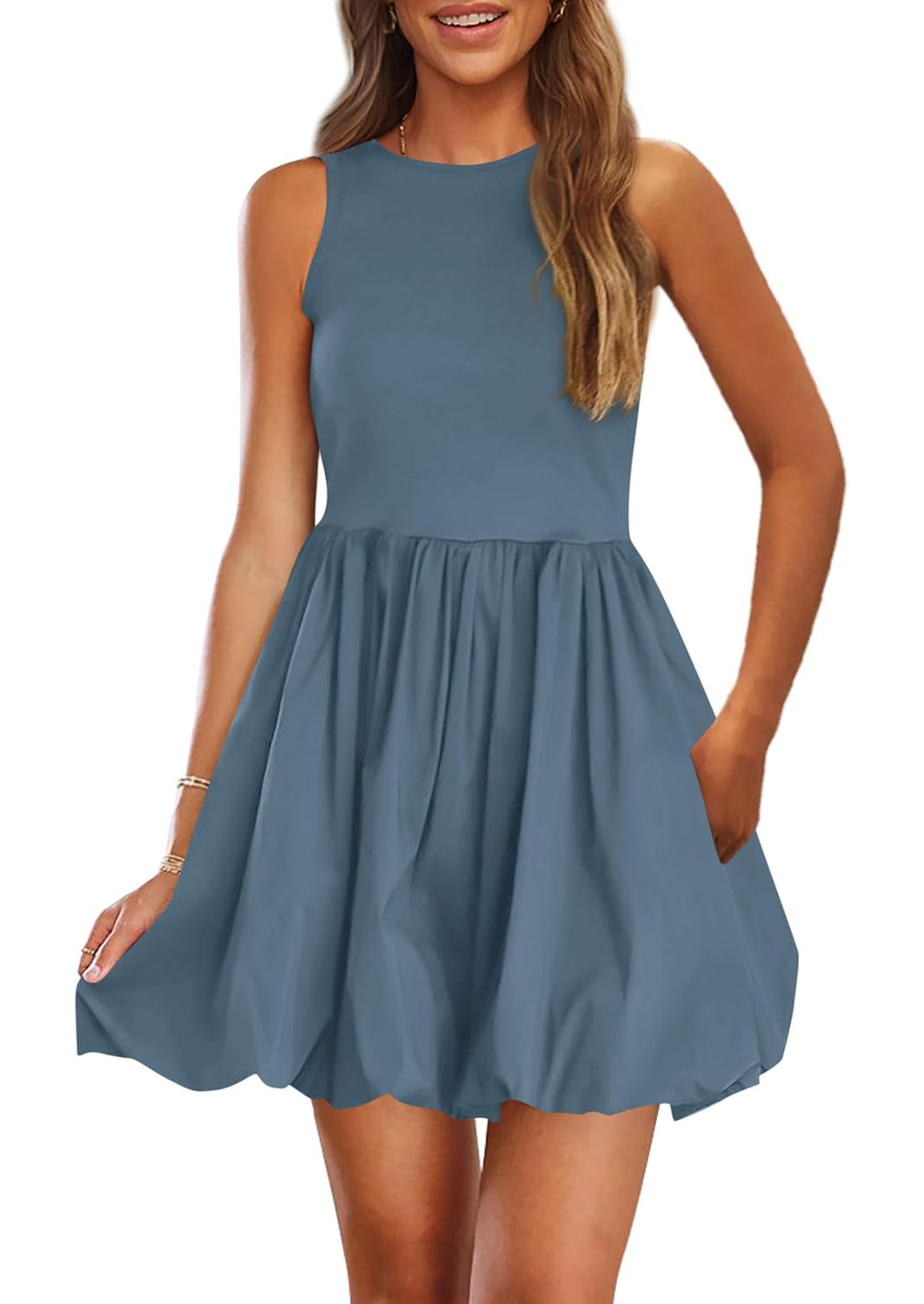 Women's Casual Crew Neck Sleeveless Tank Bubble Dress with Pockets
