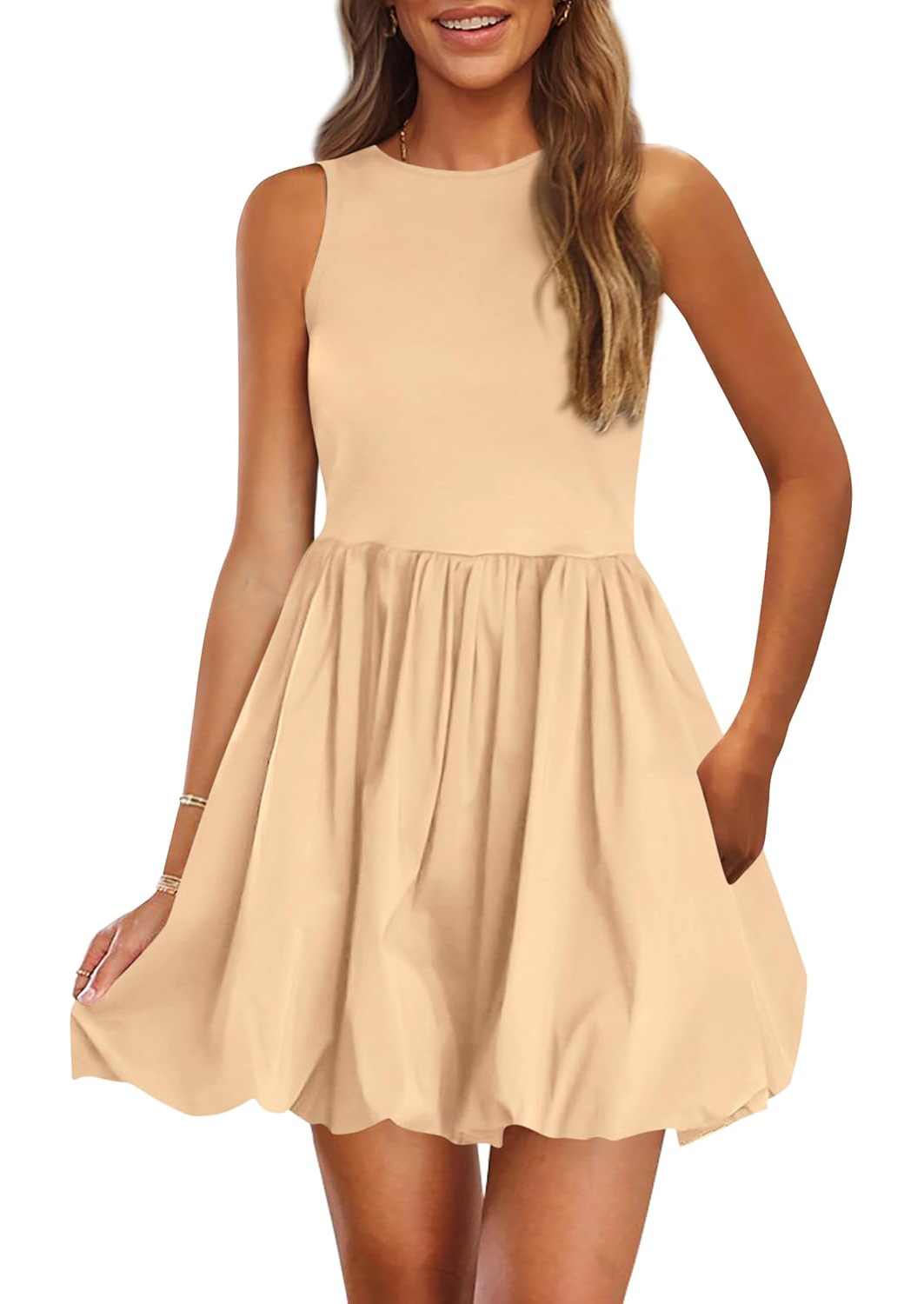 Women's Casual Crew Neck Sleeveless Tank Bubble Dress with Pockets