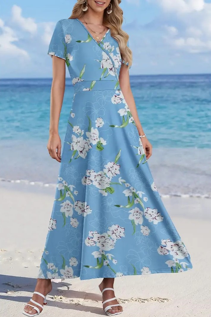 Women's V Neck Floral Print Beach Long Flowy Dress with Pockets