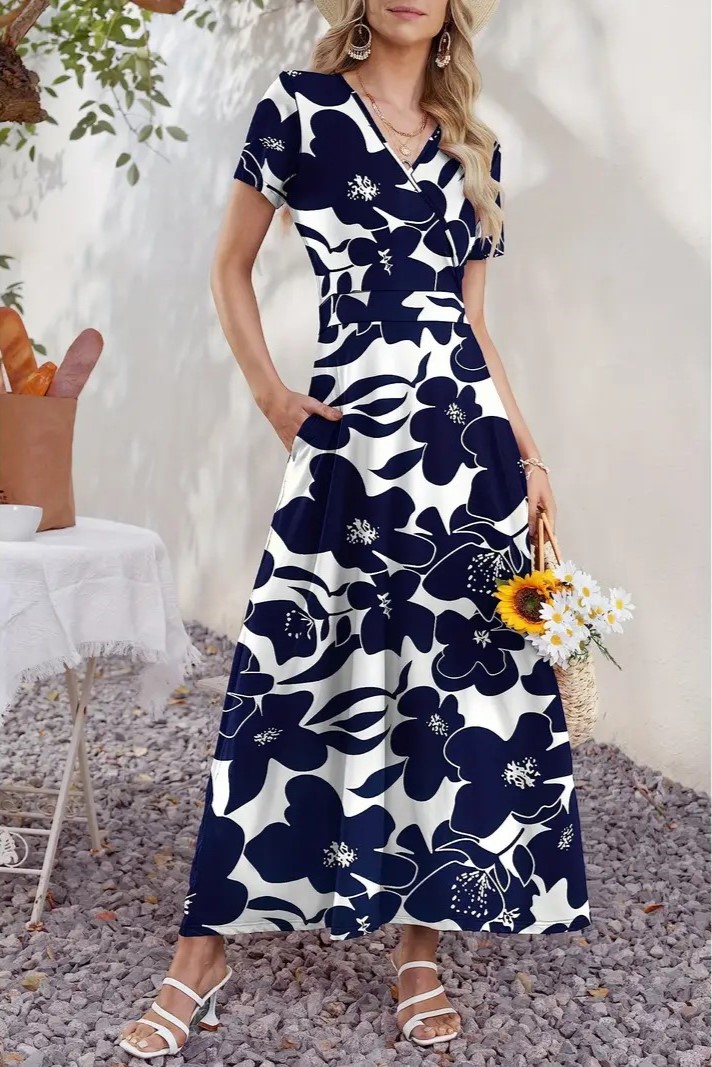 Women's V Neck Floral Print Beach Long Flowy Dress with Pockets