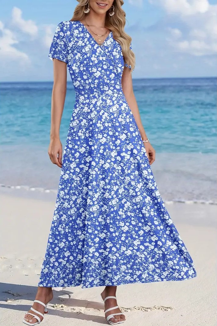 Women's V Neck Floral Print Beach Long Flowy Dress with Pockets