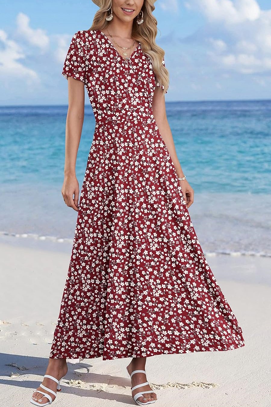 Women's V Neck Floral Print Beach Long Flowy Dress with Pockets