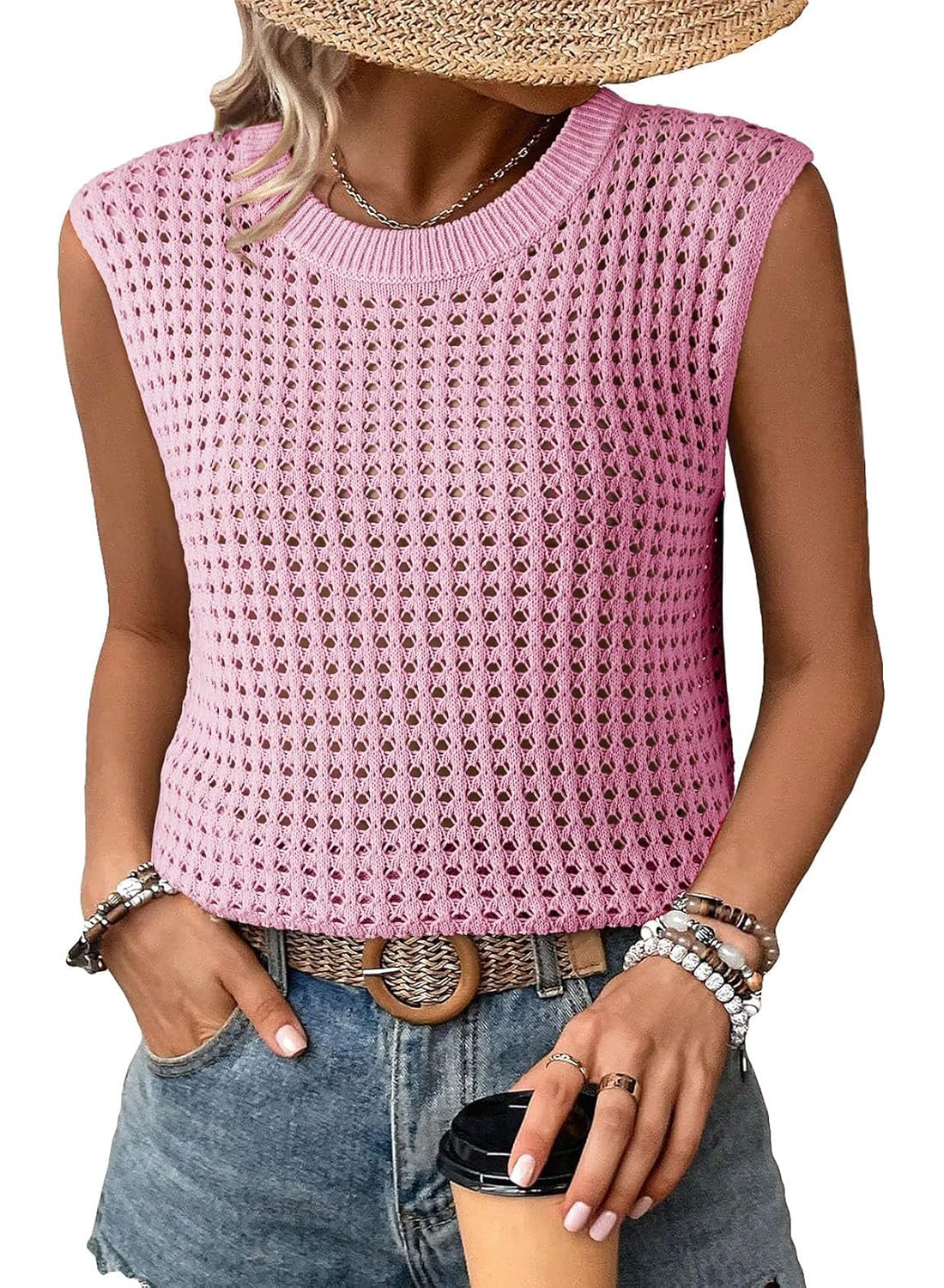 Women's Crewneck Sleeveles Loose Crochet Hollow Vest Top Cover Ups