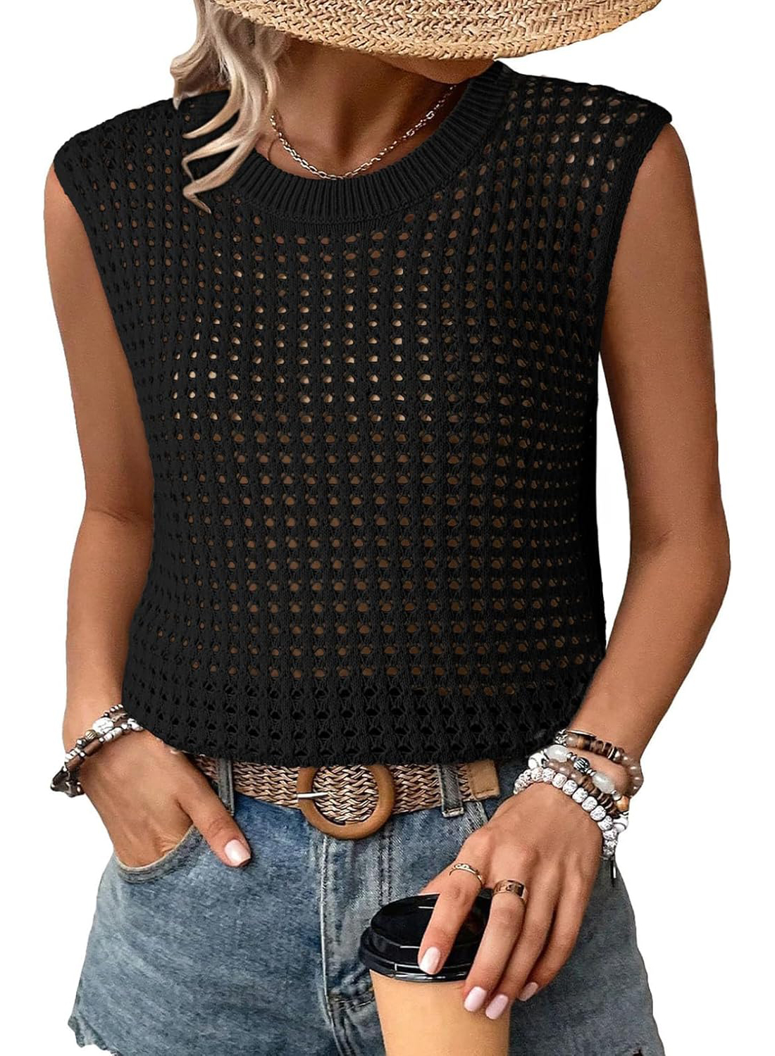Women's Crewneck Sleeveles Loose Crochet Hollow Vest Top Cover Ups
