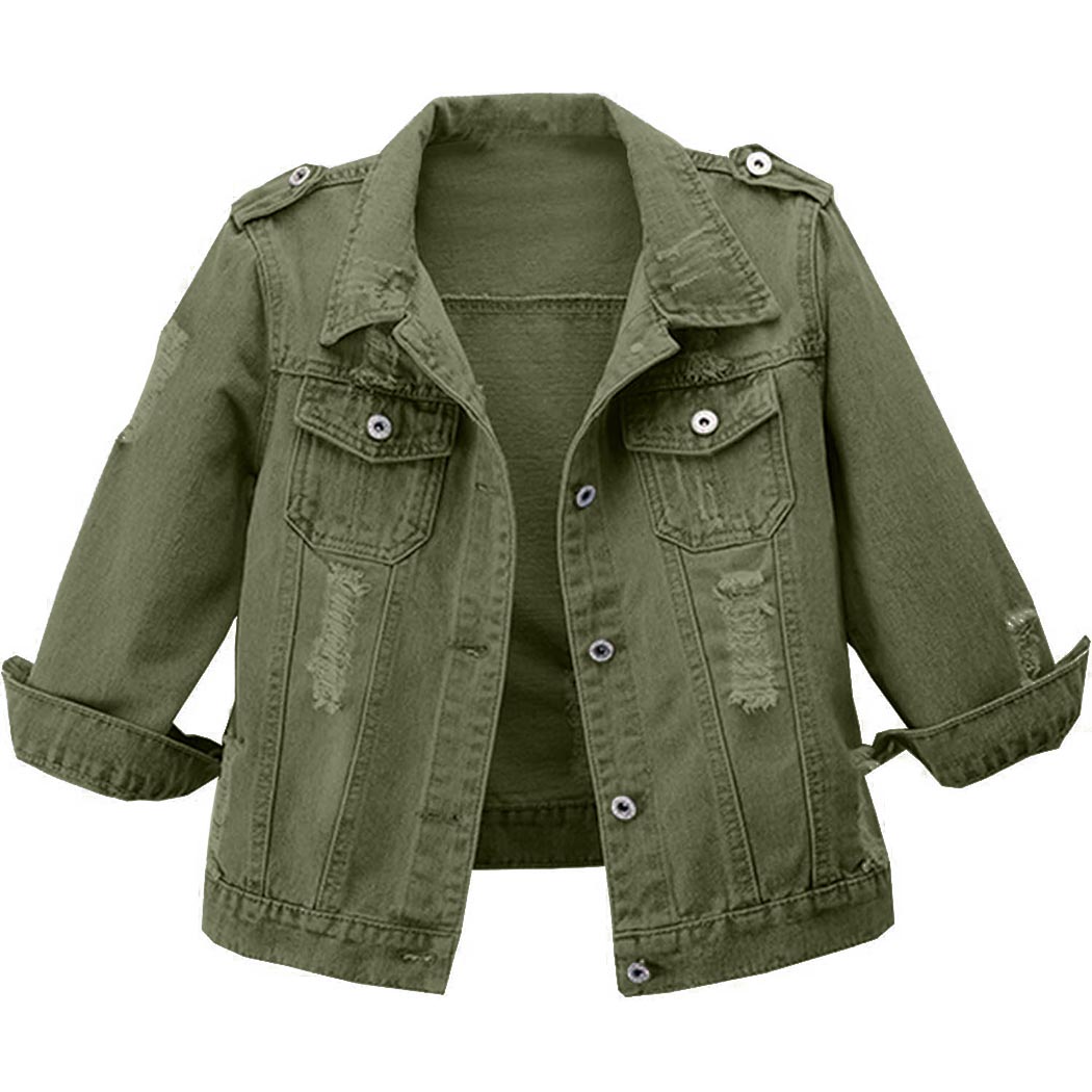 Women's 3/4 Sleeve Washed Ripped Cropped Denim Jackets