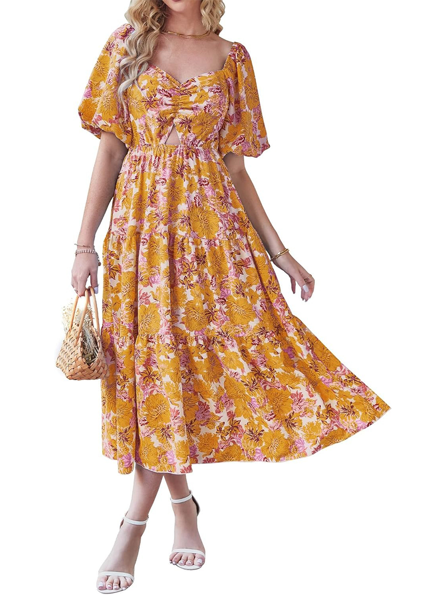 Women's Boho Floral Square Neck Puff Sleeve Cutout Long Maxi Dress