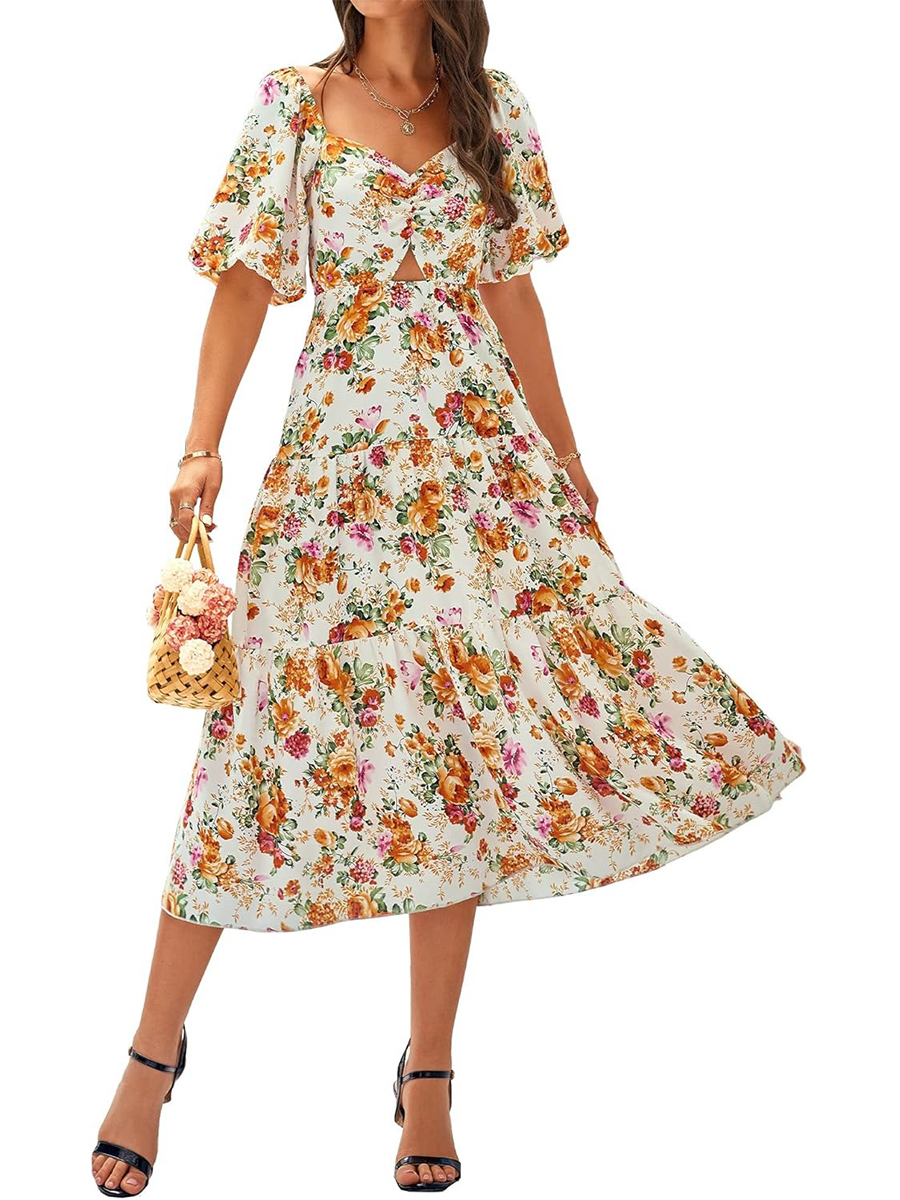 Women's Boho Floral Square Neck Puff Sleeve Cutout Long Maxi Dress
