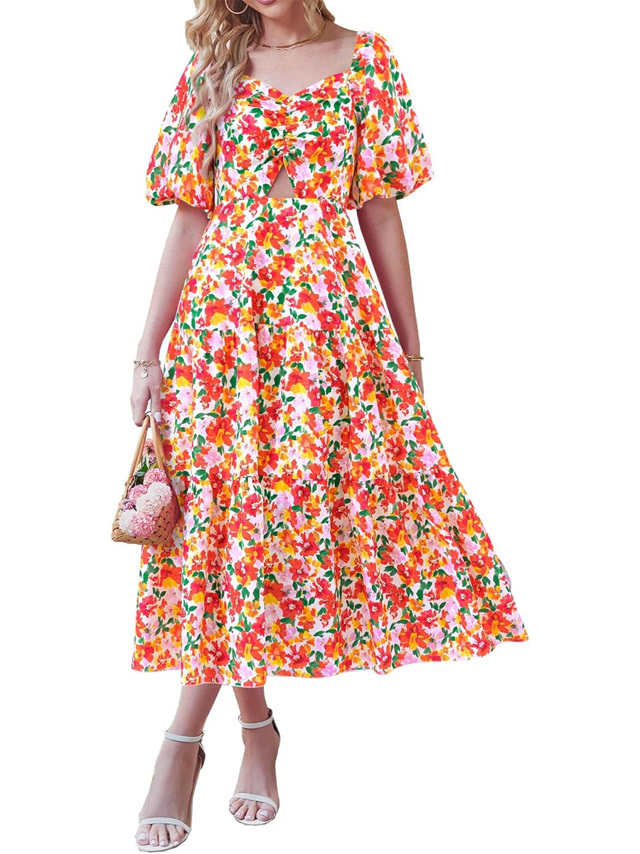 Women's Boho Floral Square Neck Puff Sleeve Cutout Long Maxi Dress