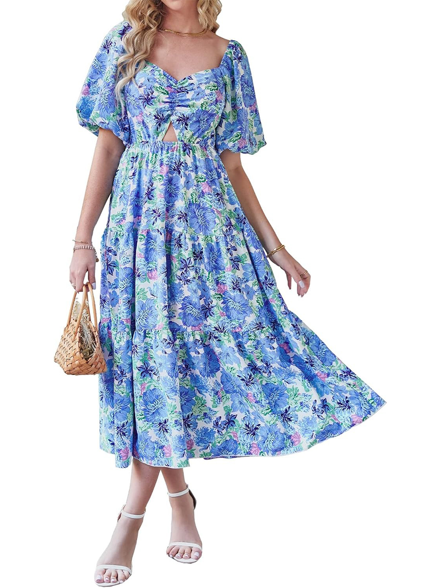 Women's Boho Floral Square Neck Puff Sleeve Cutout Long Maxi Dress