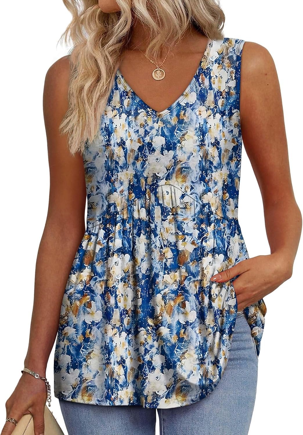 Women's Print Flowy Sleeveless V Neck Peplum Tank Tops