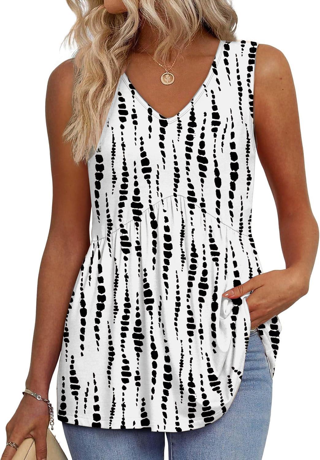 Women's Print Flowy Sleeveless V Neck Peplum Tank Tops
