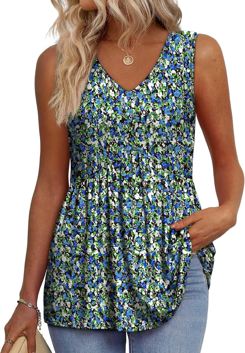 Women's Print Flowy Sleeveless V Neck Peplum Tank Tops