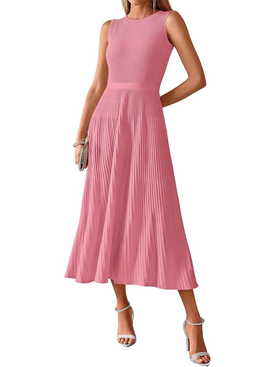 Women's Crewneck Ribbed Sleeveless Pleated Swing A Line Tank Dress