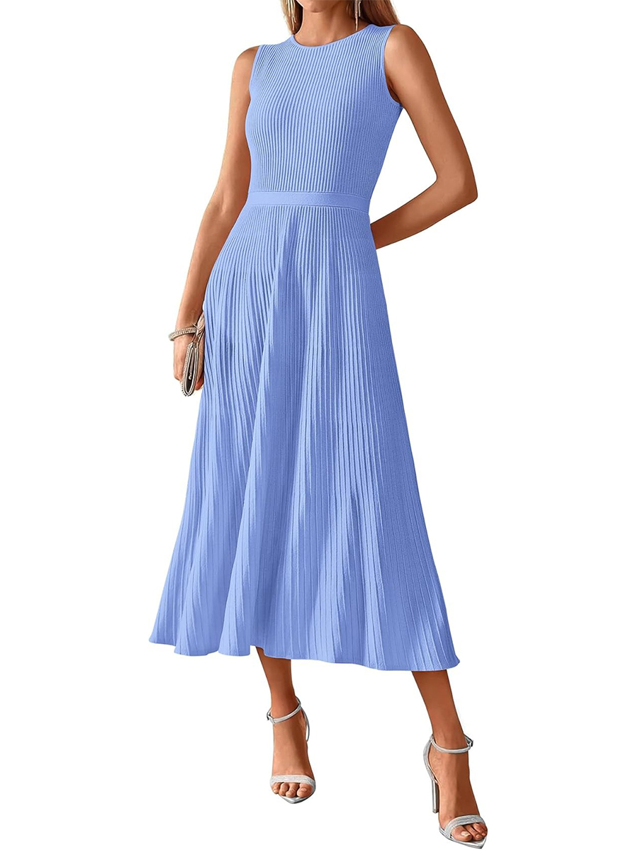 Women's Crewneck Ribbed Sleeveless Pleated Swing A Line Tank Dress