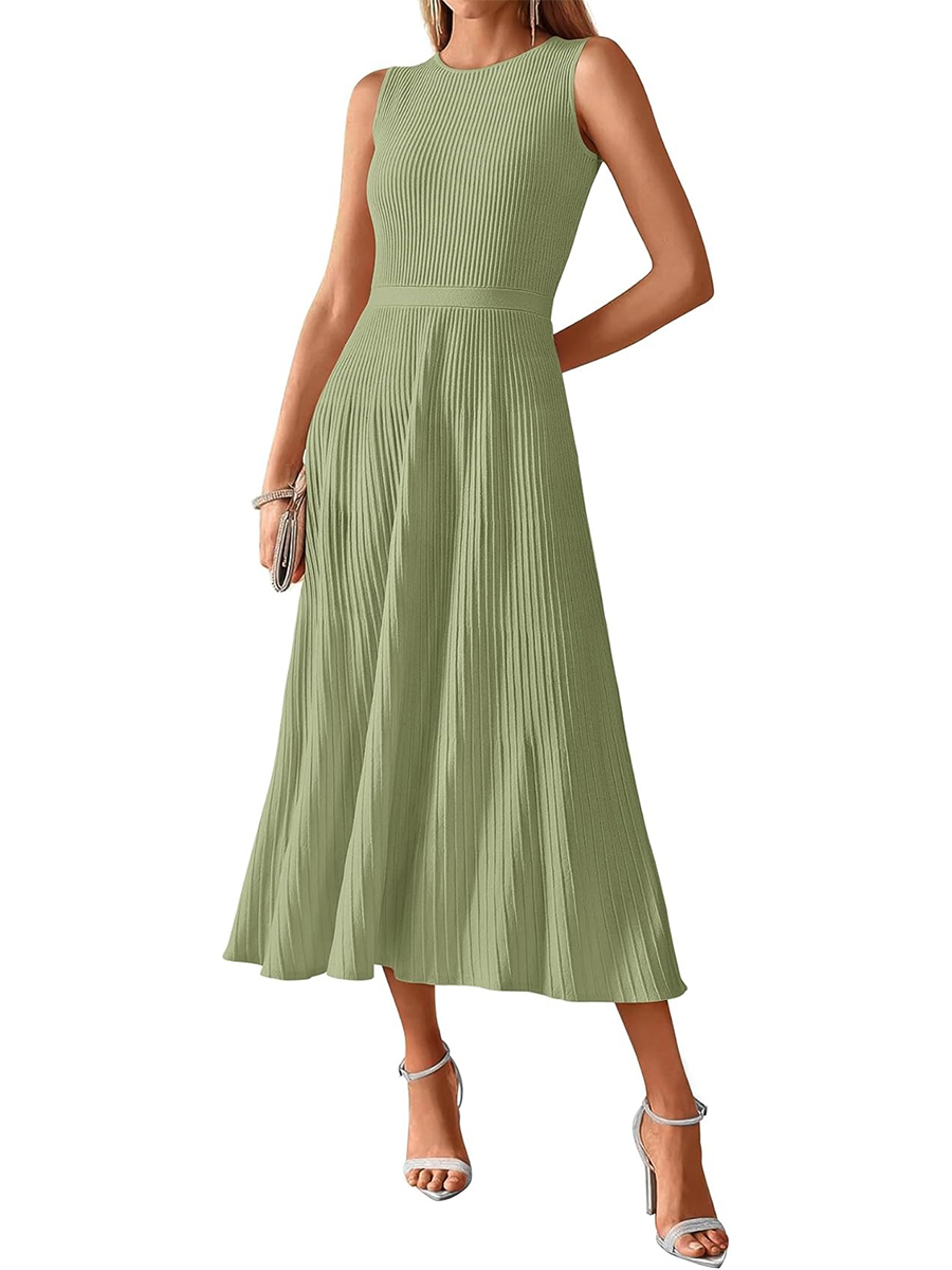 Women's Crewneck Ribbed Sleeveless Pleated Swing A Line Tank Dress