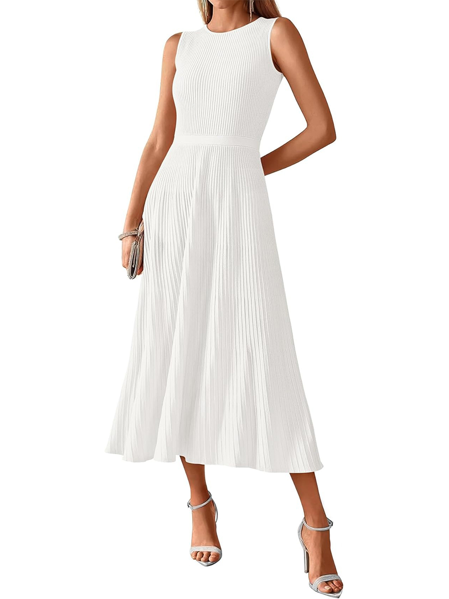 Women's Crewneck Ribbed Sleeveless Pleated Swing A Line Tank Dress