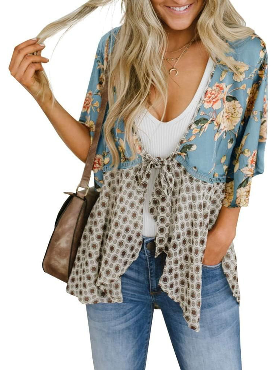 Women's Floral Kimono 3/4 Ruffle Sleeve Tie Cardigans Flowy Boho Loose Cover Ups
