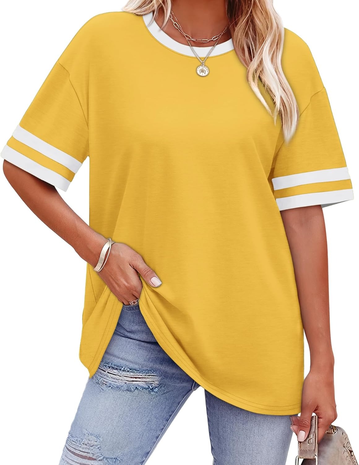 Women's Oversized Crew Neck Colorblock Striped Sleeve T-shirt