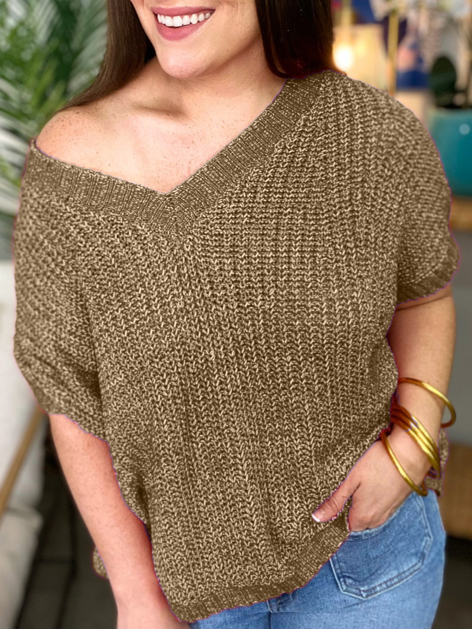 2024 Oversized Knitted V-neck Short Sleeve Top