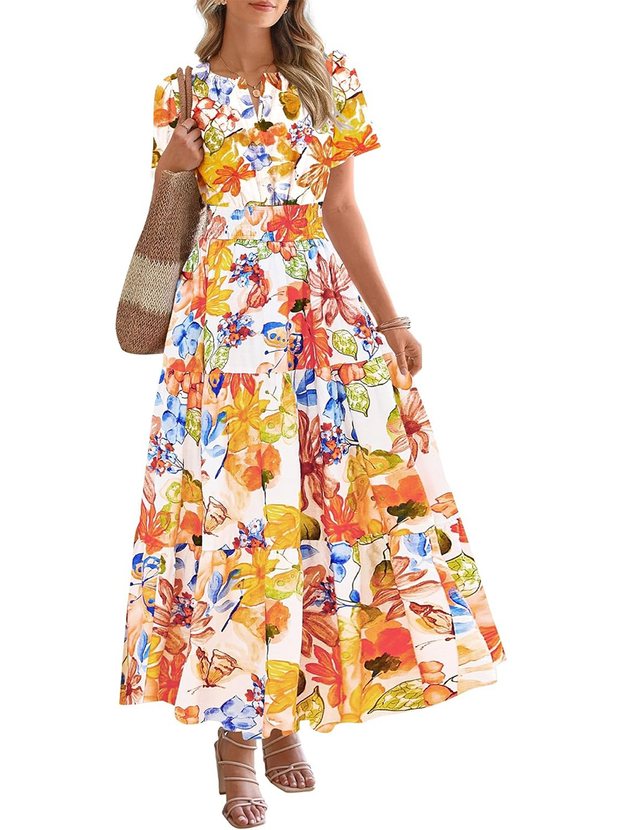 Women's Summer Floral Short Sleeve V Neck Elastic Waist Tiered Maxi Dress Pockets