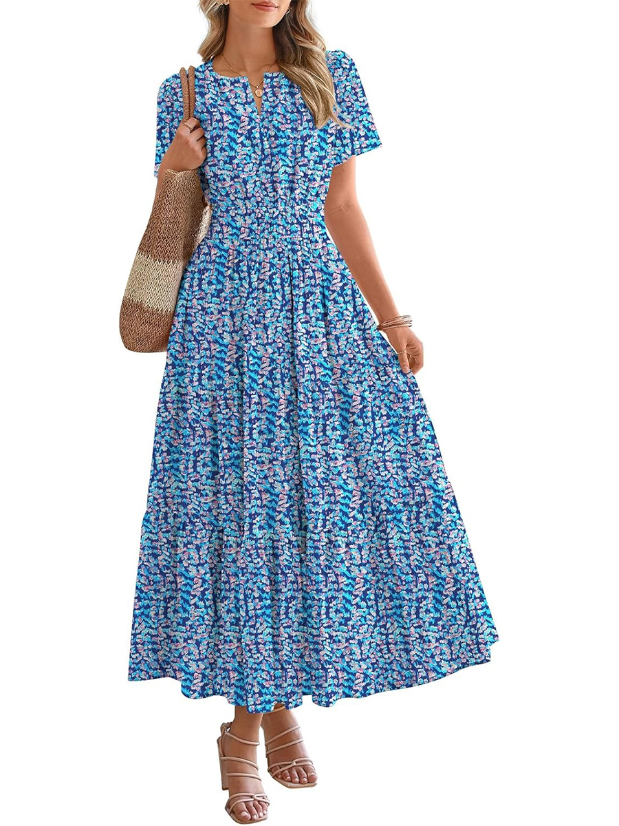 Women's Summer Floral Short Sleeve V Neck Elastic Waist Tiered Maxi Dress Pockets