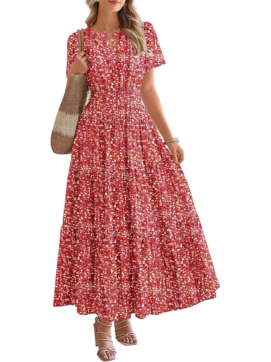 Women's Summer Floral Short Sleeve V Neck Elastic Waist Tiered Maxi Dress Pockets
