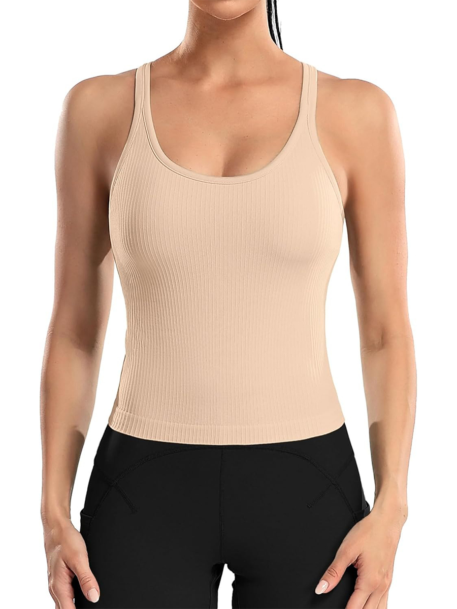 Women's Ribbed Workout Crop Racerback Tank Tops with Built in Bra