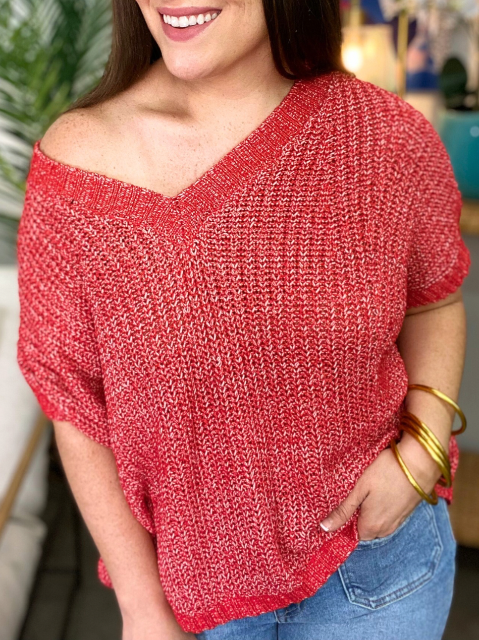 2024 Oversized Knitted V-neck Short Sleeve Top