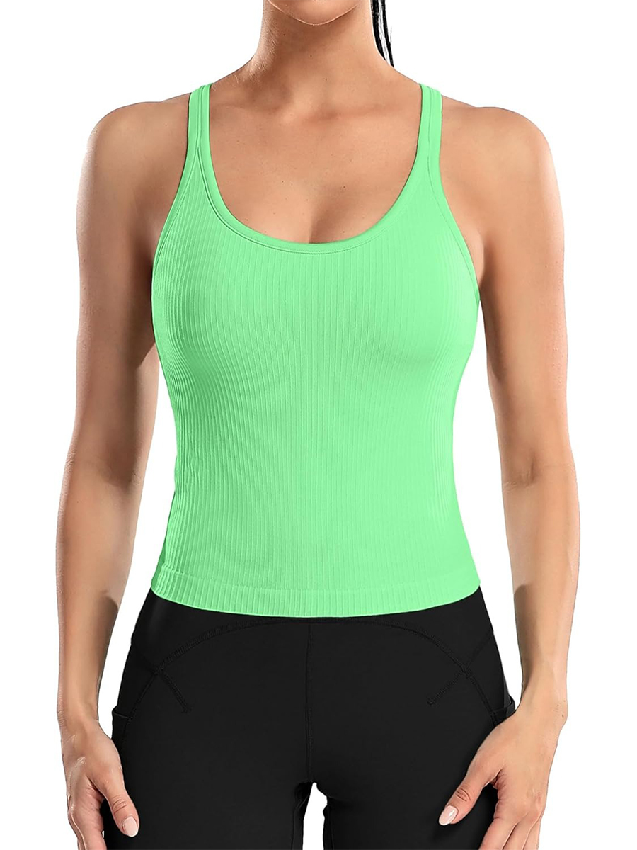 Women's Ribbed Workout Crop Racerback Tank Tops with Built in Bra