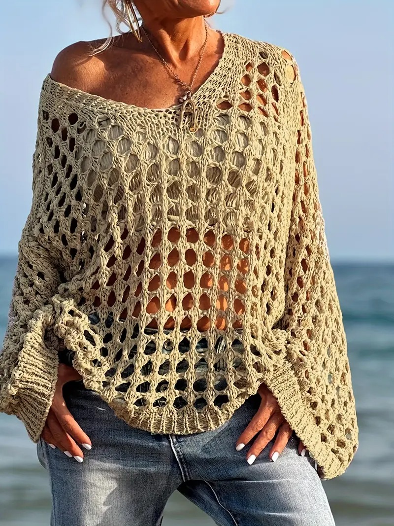 Women's Casual Loose V Neck Hollow Out Long Sleeve Coverups