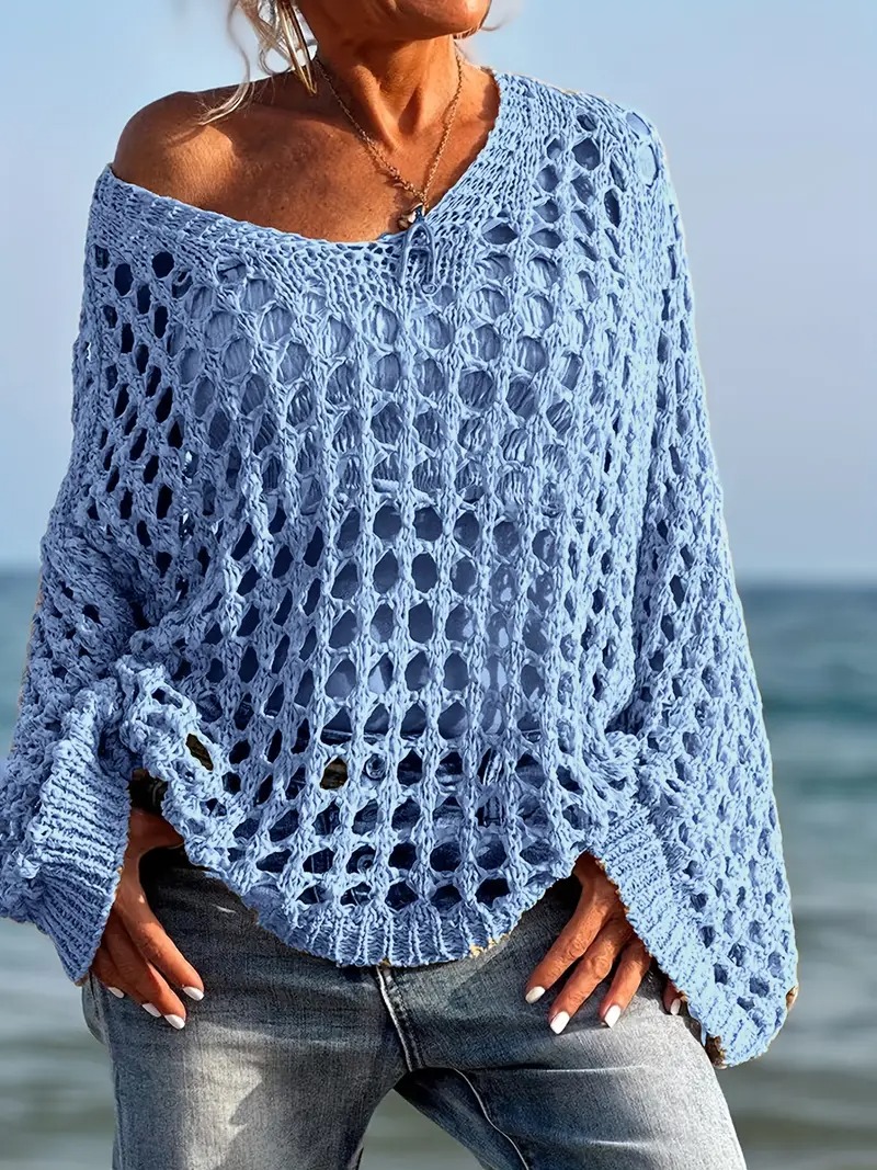 Women's Casual Loose V Neck Hollow Out Long Sleeve Coverups